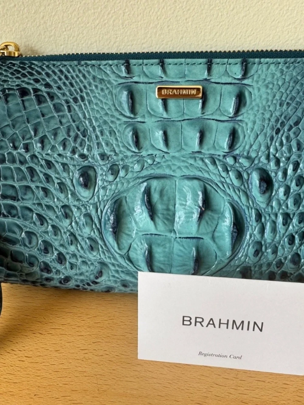 Brahmin Daisy Croc Leather Wristlet Bag Clutch Bottle Blue Ombre Melbourne New